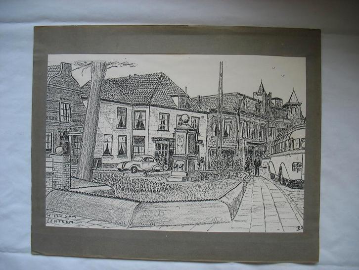 Tekening - Oud Hillegom Centrum*Mooi vintage, Antiek en Kunst, Kunst | Tekeningen en Foto's, Ophalen of Verzenden