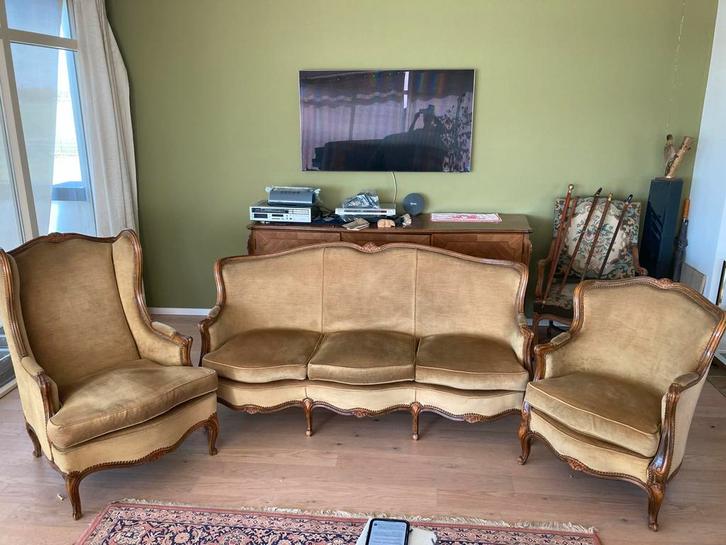 Antieke Salon Set - Bank en Fauteuils barok goudgeel, Antiek en Kunst, Antiek | Meubels | Stoelen en Banken, Ophalen