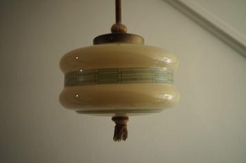 art deco lamp groen creme stof opaline glas hanglamp. beschikbaar voor biedingen