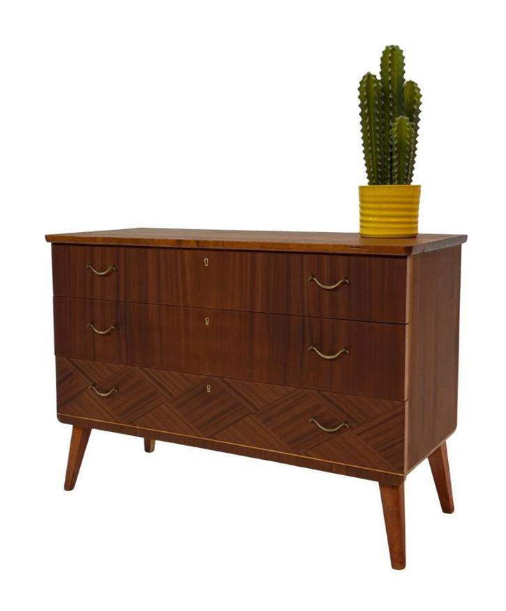Vintage Ladekast Kastje Jaren 60 Teak Fineer Design, Huis en Inrichting, Kasten | Ladekasten, Gebruikt, Minder dan 100 cm, 50 tot 100 cm