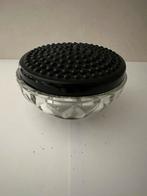 Bonboniere Leerdam glas schaal zwarte deksel persglas., Antiek en Kunst, Ophalen of Verzenden