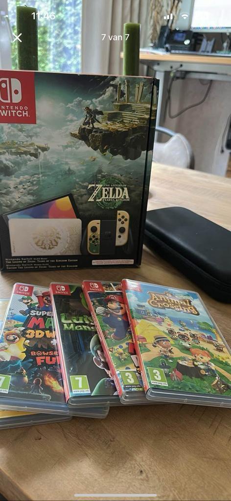 Nintendo switch oled limted edetion zelda met 4 games, Spelcomputers en Games, Spelcomputers | Nintendo Switch, Zo goed als nieuw