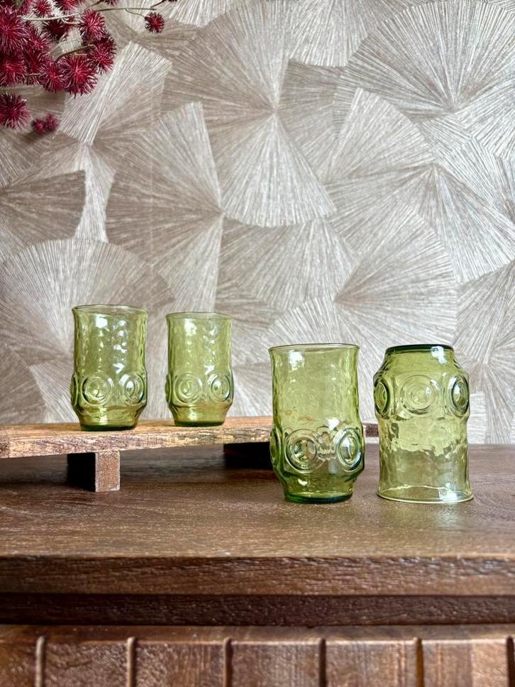 Vintage groene bubbels glazen retro stijl | set van 4, Antiek en Kunst, Antiek | Servies los, Ophalen of Verzenden