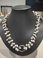 Vintage lange ketting zoetwater parel en zwart kristallen, Verzenden, Wit, Steen of Mineraal, Met edelsteen