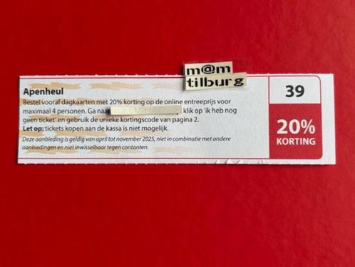 Bon 39 Apenheul 20% korting voor max. 4 personen., Tickets en Kaartjes, Recreatie | Dierentuinen, Drie personen of meer, Kortingskaart