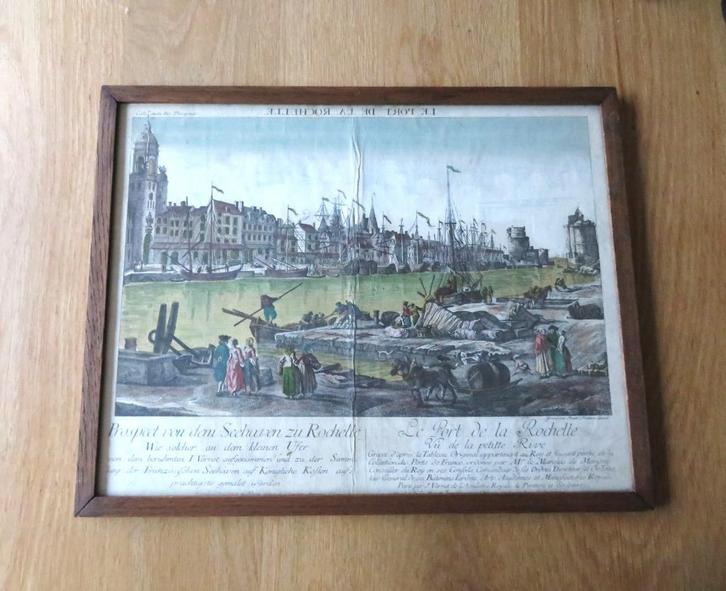 ingekleurde Gravure zicht op haven van la Rochelle, 18e eeuw, Antiek en Kunst, Kunst | Etsen en Gravures, Ophalen of Verzenden