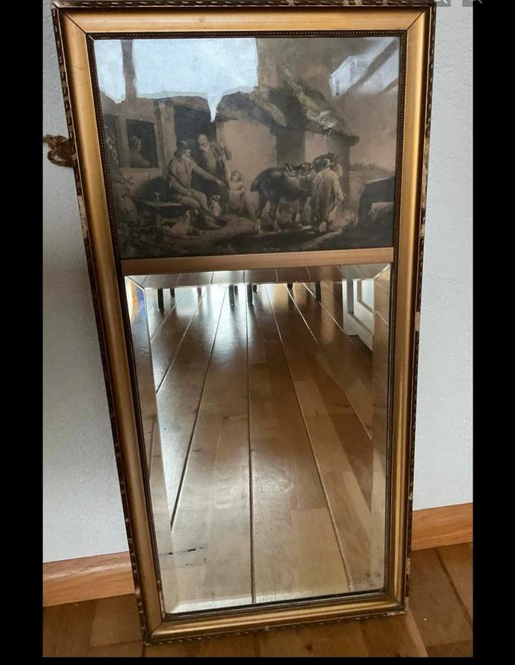 Antieke spiegel met afbeelding, Antiek en Kunst, Antiek | Spiegels, 100 tot 150 cm, Rechthoekig, Ophalen