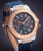 Guess horloge, blauw met goud, leren band en etui, als nieuw, Leer, Staal, Polshorloge, Ophalen of Verzenden