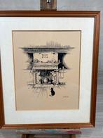 Vintage Tekening van Haard met Kat, Ophalen of Verzenden