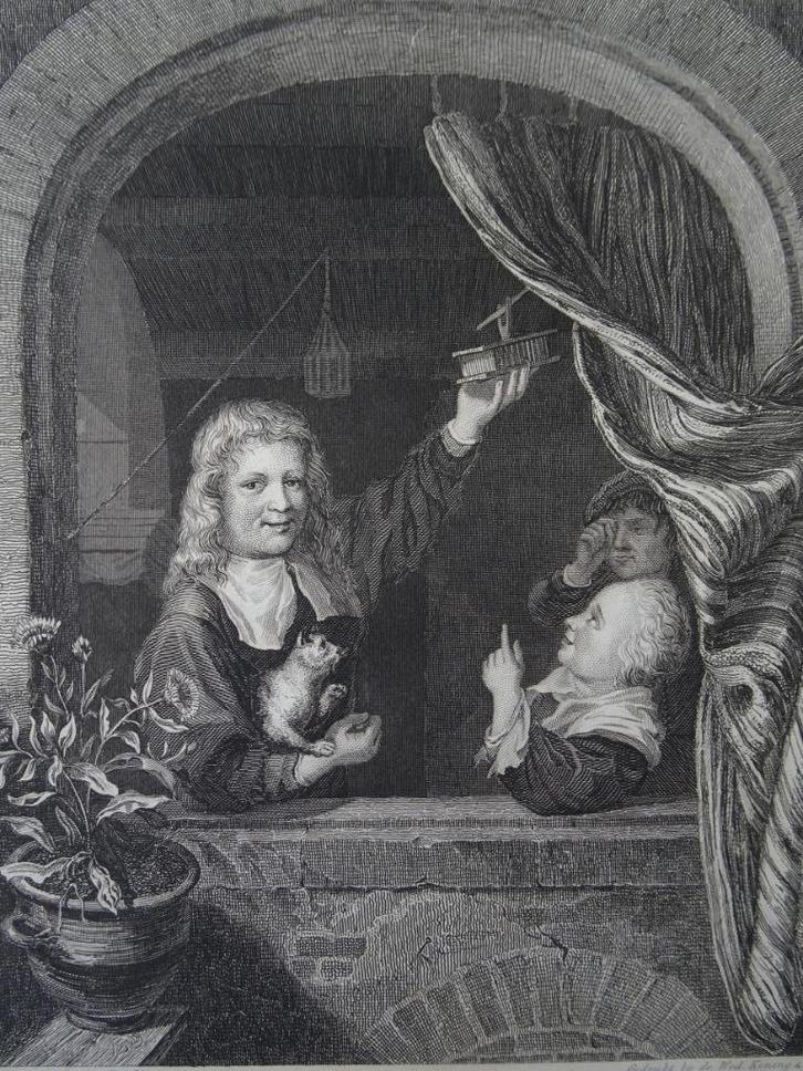 staalgravure kinderen met muizenval in raam DJ Sluyter 1826, Antiek en Kunst, Kunst | Etsen en Gravures, Verzenden