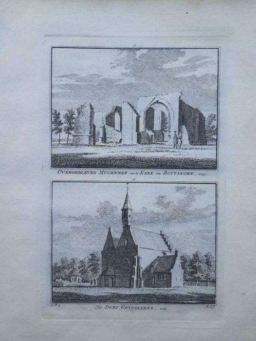 17-18*/ Kerk Buttingen en dorp Grypskerke kopergravure 1754, Antiek en Kunst, Kunst | Etsen en Gravures, Ophalen of Verzenden