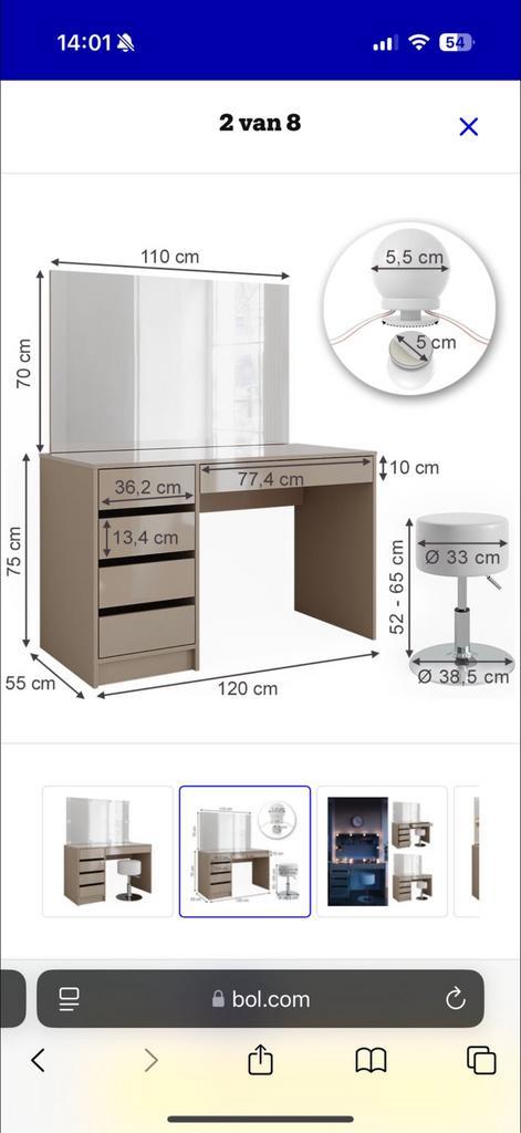 Vicco Make-uptafel Sherry Greige + Kruk + LED, Huis en Inrichting, Tafels | Sidetables, Zo goed als nieuw, Ophalen of Verzenden