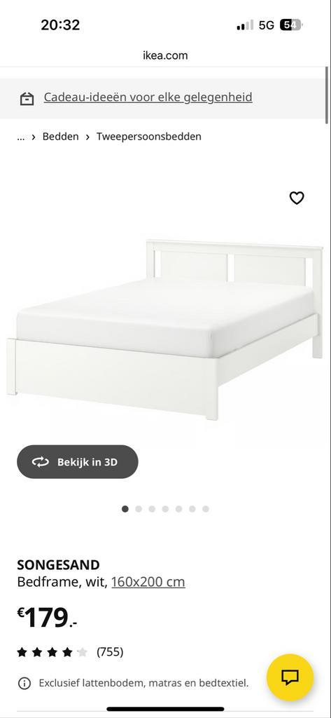 IKEA SONGESAND Bed + AKREHAMN Matras (160x200) - Zo Goed Als, Huis en Inrichting, Slaapkamer | Bedden, Zo goed als nieuw, Tweepersoons