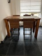 Bartafel / Houten Tafel met 4 rieten barkrukken, Ophalen, Gebruikt, Met voetsteun, 90 cm of meer