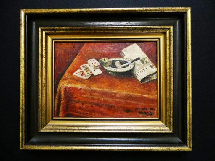 Stilleven speelkaarten met tabakspijp gesign. 1944 Wetering, Antiek en Kunst, Kunst | Schilderijen | Klassiek, Ophalen of Verzenden