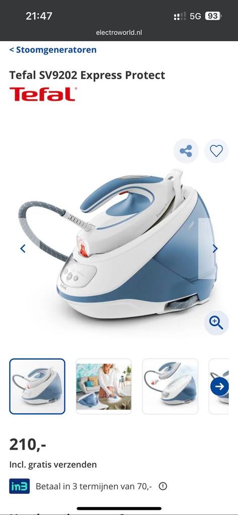Tefal Express Protect SV9202 stoomgenerator strijkijzer, Ophalen, Nieuw