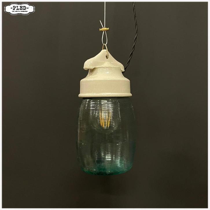 Porseleinen hanglamp met schutglas, incl. snoer + staaldraad, Huis en Inrichting, Lampen | Hanglampen, Zo goed als nieuw, Minder dan 50 cm