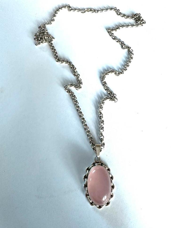 Zilveren jasseron ketting met rosequartz hanger, Sieraden, Tassen en Uiterlijk, Antieke sieraden, Ketting, Zilver, Verzenden