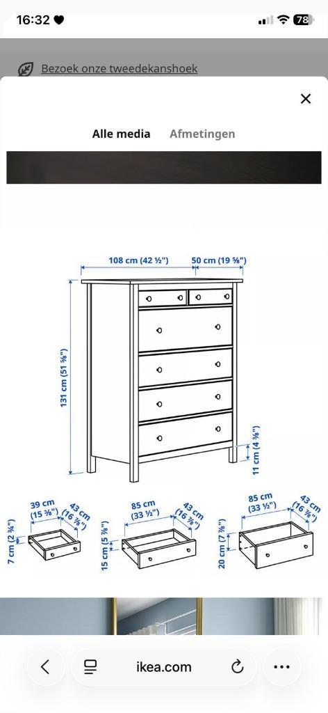 IKEA Hemnes kast - 6 lades - zwart met gouden knoppen, Huis en Inrichting, Kasten | Dressoirs, Zo goed als nieuw, 100 tot 150 cm