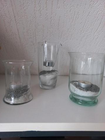 3 glazen waxinelichthouders incl zand+steentjes (prijs=alle  beschikbaar voor biedingen
