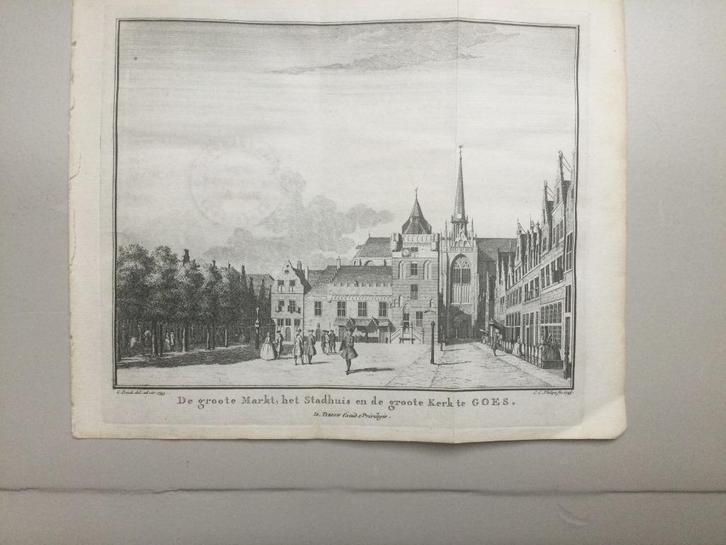 Goes, Grote Markt, aanzicht, 1755, Antiek en Kunst, Kunst | Etsen en Gravures, Verzenden