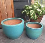 Set van 2 geglazuurde bloempotten, Ophalen, Rond, Zo goed als nieuw, Minder dan 25 cm
