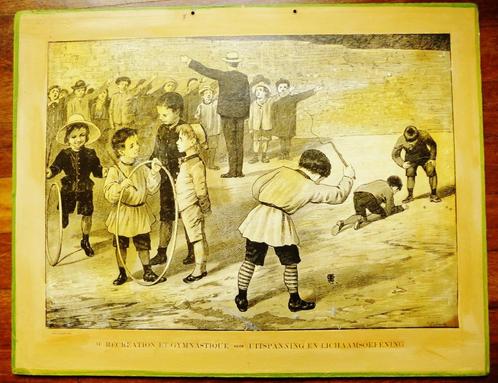 negentiende eeuwse schoolplaat met school en gymnastiek, Antiek en Kunst, Antiek | Schoolplaten, Natuur en Biologie, Ophalen of Verzenden