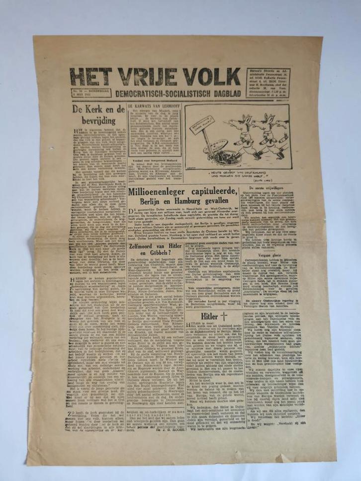 Het Vrije Volk, 3 Mei 1945 - Krant WOII, Verzamelen, Tijdschriften, Kranten en Knipsels, Krant, Nederland, 1940 tot 1960, Ophalen of Verzenden