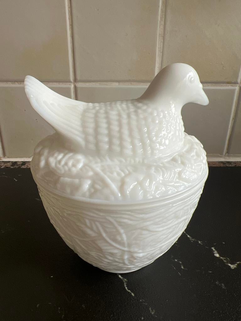 Opaalglazen patépotje met duif, Antiek en Kunst, Antiek | Glas en Kristal, Ophalen of Verzenden