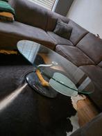 Glazen salontafel met marmeren voet, Huis en Inrichting, Tafels | Salontafels, Ophalen, Gebruikt, 100 tot 150 cm, Glas