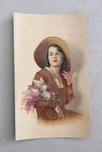 Vintage Prent: Dame met Hoed en Bloemen, Ophalen of Verzenden