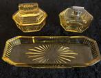 Antieke 3-delige Art Deco gele kaptafel set, Antiek en Kunst, Antiek | Glas en Kristal, Ophalen of Verzenden