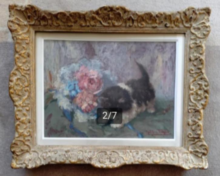 ===gesigneerd === spelend poesje naast bos bloemen ==, Antiek en Kunst, Kunst | Schilderijen | Klassiek, Ophalen of Verzenden