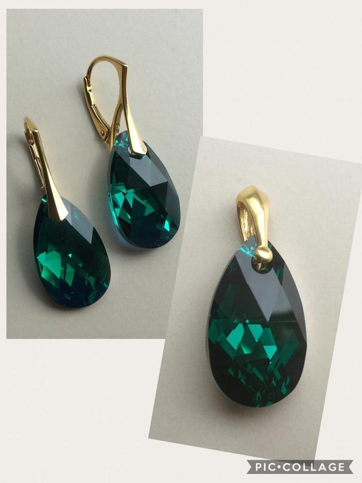 Set oorbellen kettinghanger NIEUW Swarovski kristal goud, Sieraden, Tassen en Uiterlijk, Kettingen, Nieuw, Goud, Groen, Met hanger