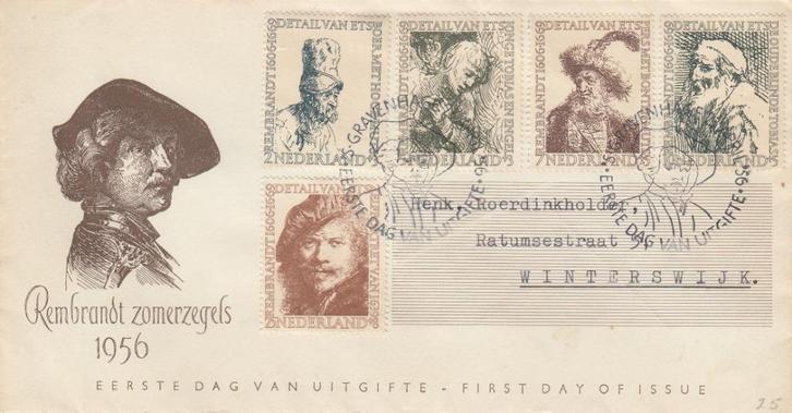 Eerstedagenvelop - 1956 - E25 - Zomer - Rembrandt (671-675), Postzegels en Munten, Postzegels | Eerstedagenveloppen, Beschreven