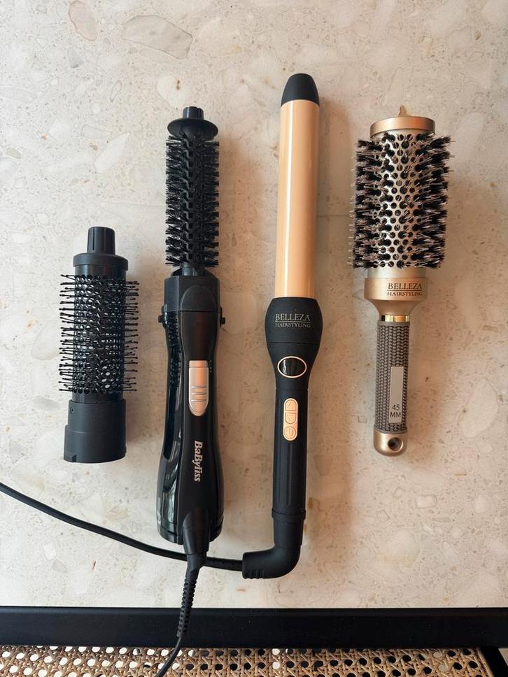 Föhnborstel + opzetstukken en krultang set, Sieraden, Tassen en Uiterlijk, Uiterlijk | Haarverzorging, Zo goed als nieuw, Krultang of Stijltang