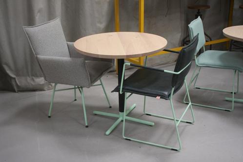 2 x hippe ronde tafel + 4 eetkamerstoelen Jess Design, Huis en Inrichting, Stoelen, Zo goed als nieuw, Vier, Hout, Leer, Metaal