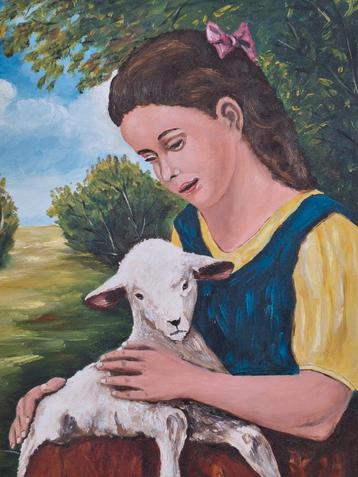 Winterkorting: Schilderij meisje met lam beschikbaar voor biedingen