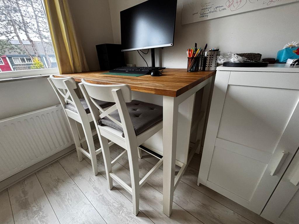 IKEA Hoge Tafel + 4 Krukken - Eiken Wit, Ophalen, Gebruikt, 90 cm of meer, 4 krukken