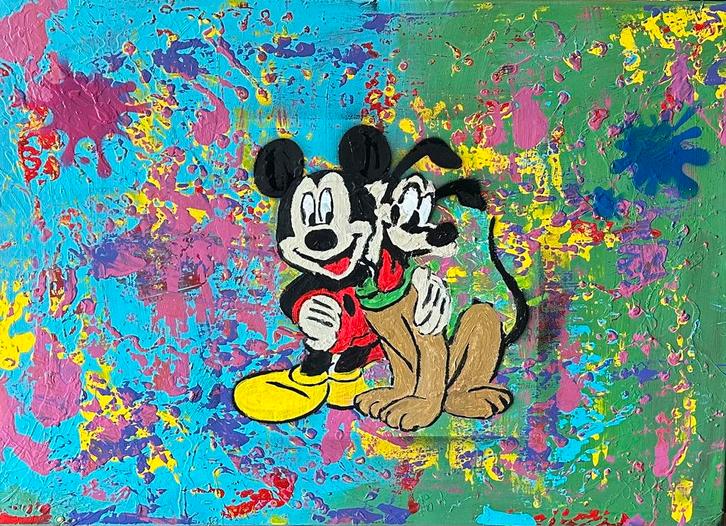 Valera- Mickey Mouse & Goofy- Handgeschilderd- Uniek, Antiek en Kunst, Kunst | Schilderijen | Modern, Ophalen of Verzenden
