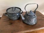 Brocante (kleine) grijs gewolkte emaille ketel en pan, Antiek en Kunst, Antiek | Emaille, Ophalen of Verzenden