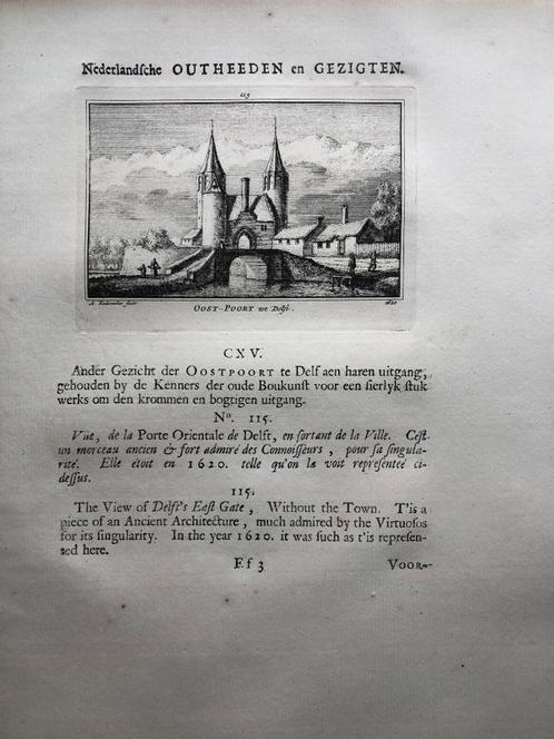 115 / Delft de Oostpoort Kopergravure 1732, Antiek en Kunst, Kunst | Etsen en Gravures, Ophalen of Verzenden
