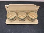 Vintage zand, zeep soda set, geel emaille met gouden rand, Antiek en Kunst, Ophalen of Verzenden