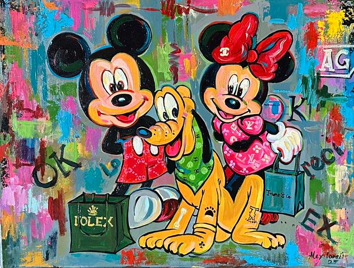 Alex L- Mickey & Minnie Mouse- Goofy- Handgeschilderd(100%), Antiek en Kunst, Kunst | Schilderijen | Modern, Ophalen of Verzenden