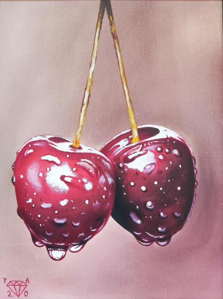 Hollandse school (XX) - Stilleven met twee kersen, Antiek en Kunst, Kunst | Schilderijen | Klassiek, Ophalen of Verzenden