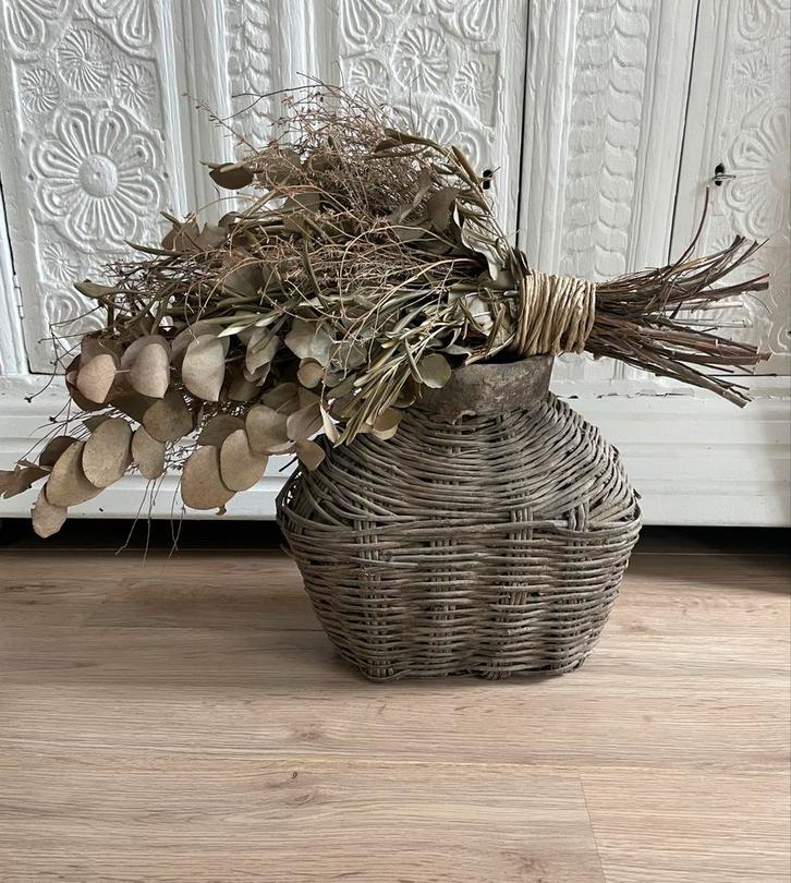 Leemmand / vissersmand met gedroogde toef, Huis en Inrichting, Woonaccessoires | Vazen, Zo goed als nieuw, Overige kleuren, Minder dan 50 cm