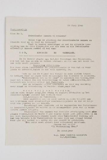 29 juni 1940 - Circulaire no. 1 | Heruitgave 1994 beschikbaar voor biedingen