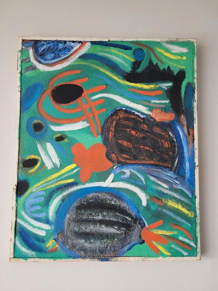 Kleurig abstract olieverfschilderij Cath Weegels, Antiek en Kunst, Kunst | Schilderijen | Abstract, Ophalen