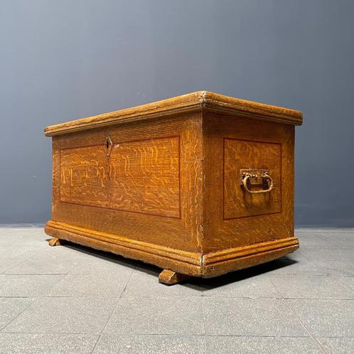 Oude beschilderde Hollandse knechten kist antiek 19e eeuws, Huis en Inrichting, Woonaccessoires | Kisten, Gebruikt, Minder dan 50 cm