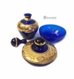 Vintage set blauwe Murano glazen karaf, schaal, deksel goud, Antiek en Kunst, Ophalen of Verzenden